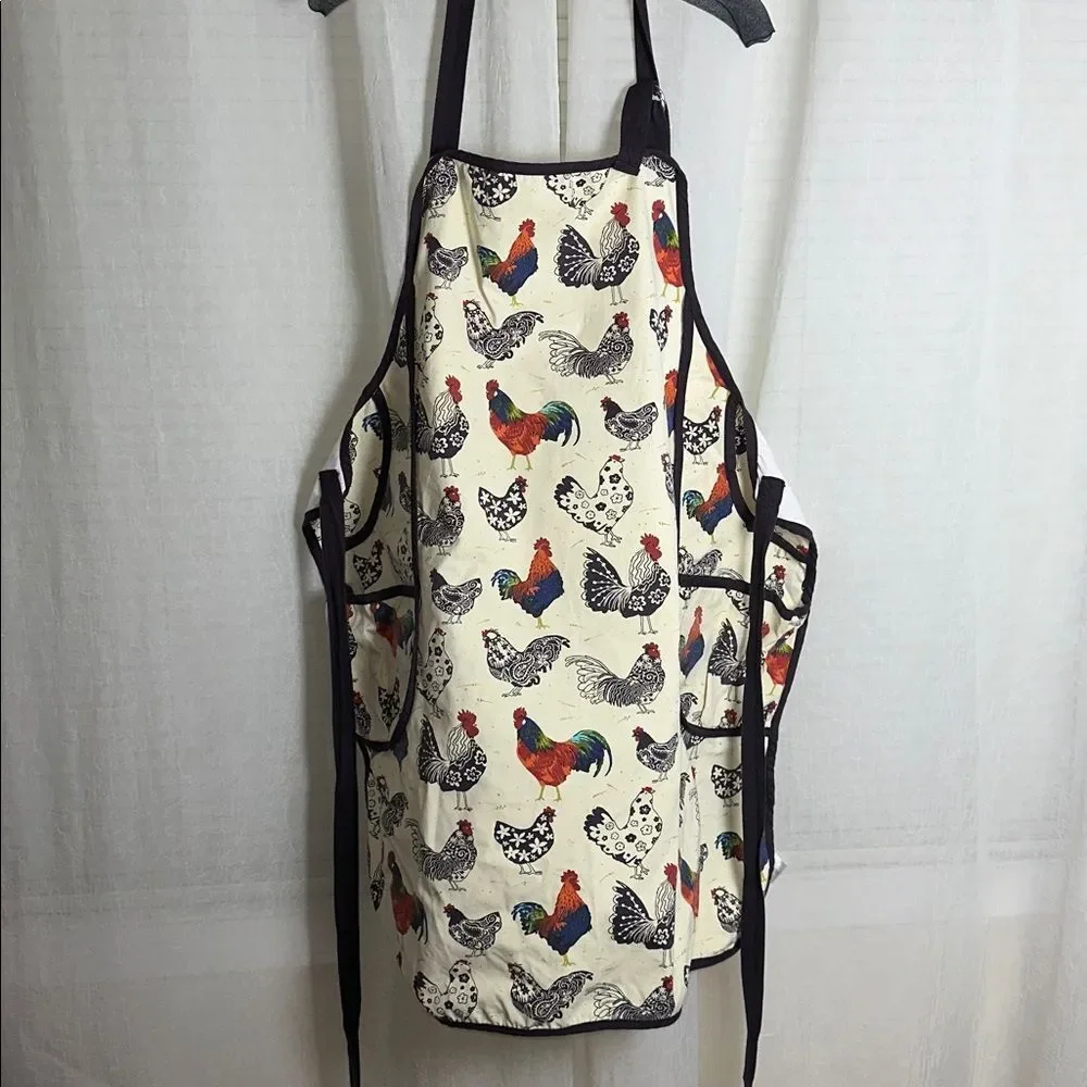 ULSTER WEAVERS Cream Navy Red Country Roosters Hens Cotton Apron with Pockets